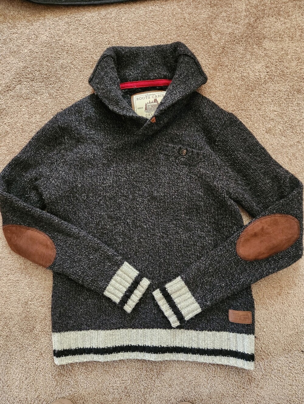 Roots Canada Cabin Sweater, Wool Shawl Collar Pullover, Charcoal, Elbow Patches